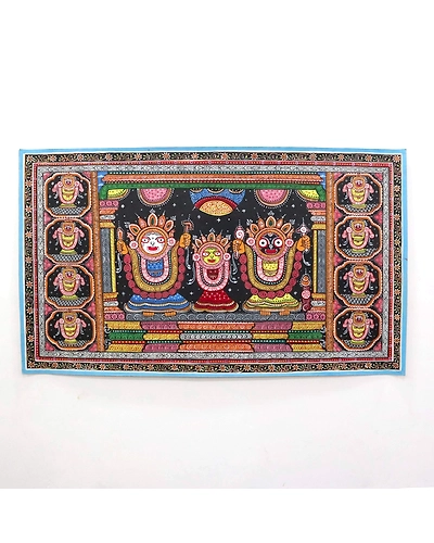 Pattachitra Painting of Lord Jagannatha Balabhadra and Subhadra with Jagannath Bhesa on the side-12665103