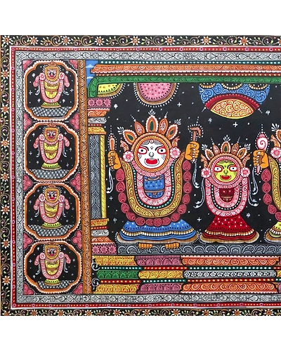 Pattachitra Painting of Lord Jagannatha Balabhadra and Subhadra with Jagannath Bhesa on the side-1