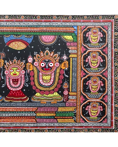Pattachitra Painting of Lord Jagannatha Balabhadra and Subhadra with Jagannath Bhesa on the side-2
