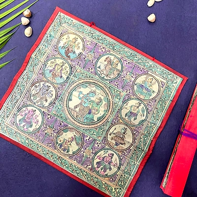 Gonasika Palm Leaf Engraving of Radha Krishna & Vishnu Dashavatara on the sides with coloured cloth frame