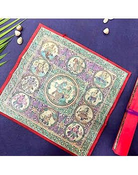 Palm Leaf Engraving of Radha Krishna & Vishnu Dashavatara on the sides with coloured cloth frame