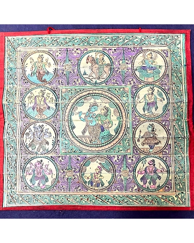 Palm Leaf Engraving of Radha Krishna &amp; Vishnu Dashavatara on the sides with coloured cloth frame-1