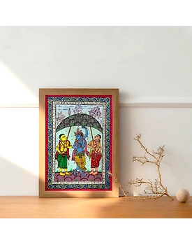 Patta Painting of Lord Krishna Lifting Up The Govardhan Hill