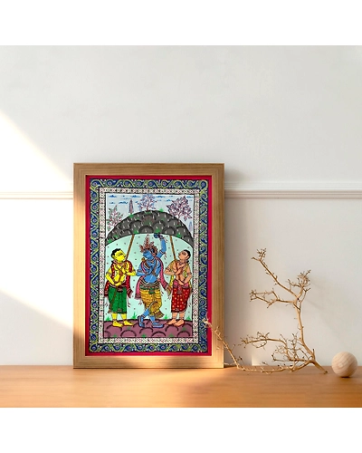 Patta Painting of Lord Krishna Lifting Up The Govardhan Hill-12665083