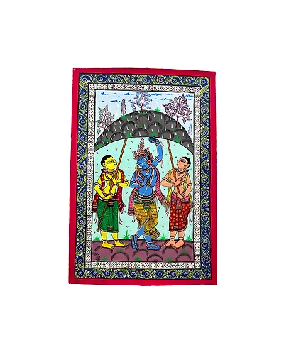 Patta Painting of Lord Krishna Lifting Up The Govardhan Hill-1