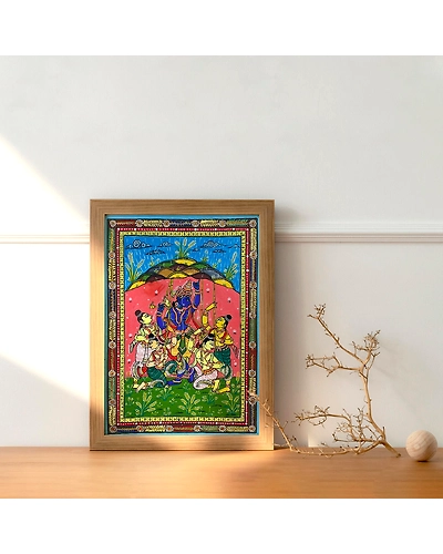 Patta Painting of Lord Krishna Lifting Up The Govardhan Hill-2