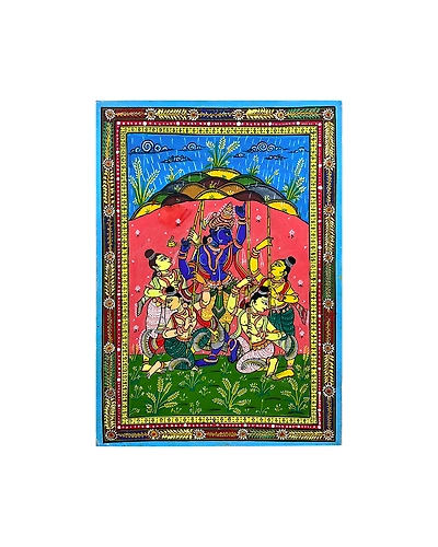 Patta Painting of Lord Krishna Lifting Up The Govardhan Hill-3
