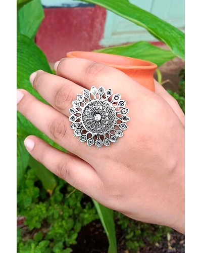 Silver Linings Oxidised Statement Silver Filigree Ring-3