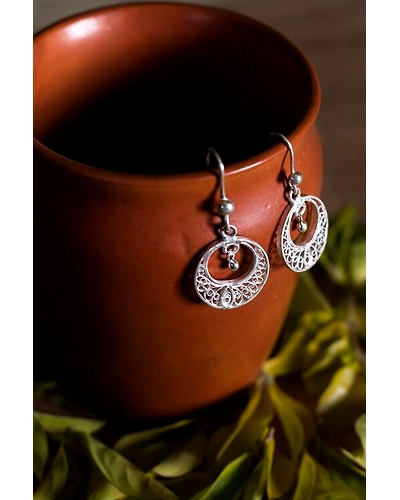 Silver Linings Mini Silver Filigree Handmade Chandbali Earrings-12666279