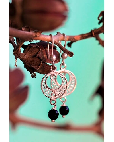 Silver Linings Black Silver Filigree Handmade Dangle Earrings-12666281