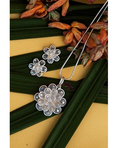 Silver Linings Floral Magic Silver Filigree Handmade Pendant Set-12666297