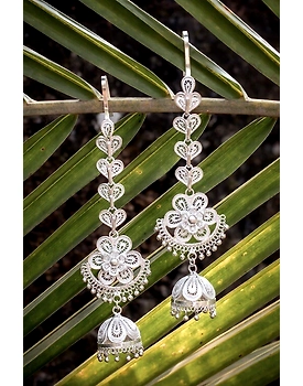 Silver Linings Floral Kaan Chain Silver Filigree Handmade Jhumka Earrings