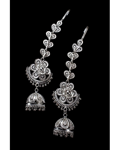 Silver Linings Floral Kaan Chain Silver Filigree Handmade Jhumka Earrings-1