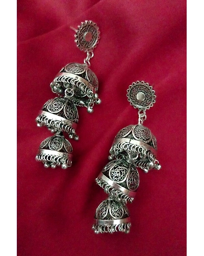Silver Linings Trio Oxidised Silver Filigree Handmade Jhumka Earrings-12666499