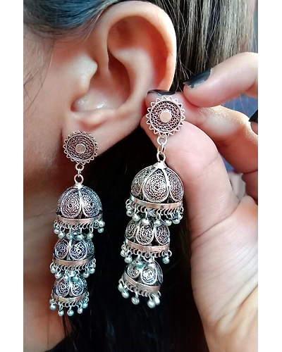 Silver Linings Trio Oxidised Silver Filigree Handmade Jhumka Earrings-1