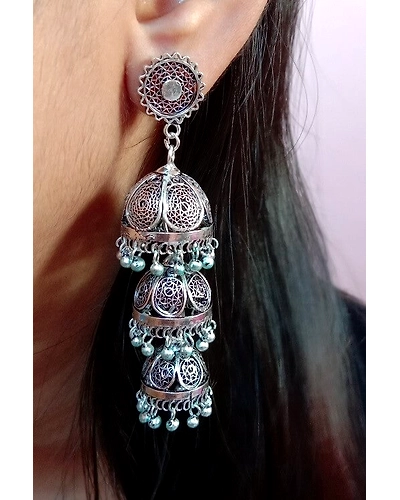 Silver Linings Trio Oxidised Silver Filigree Handmade Jhumka Earrings-2