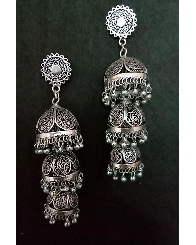 Silver Linings Trio Oxidised Silver Filigree Handmade Jhumka Earrings-3