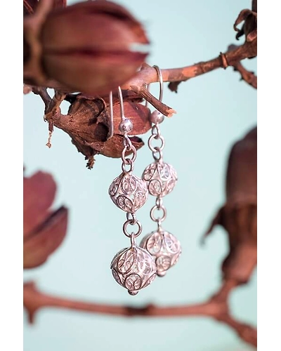 Silver Linings Ball Silver Filigree Handmade Dangle Earrings-12666537
