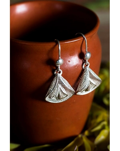 Silver Linings Petals Silver Filigree Handmade Dangle Earrings-1