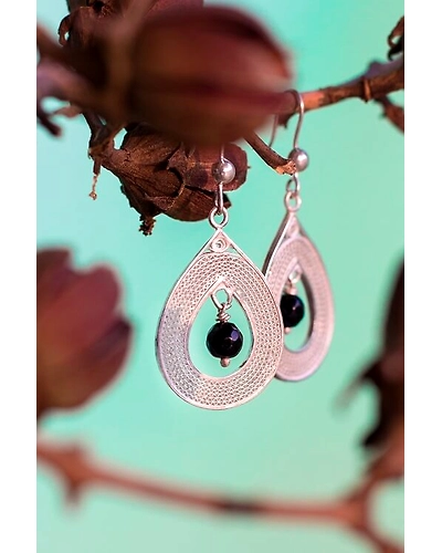 Silver Linings Black Drops Silver Filigree Handmade Dangle Earrings-12666521