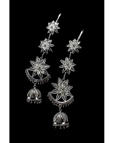 Silver Linings Star Kaan Chain Silver Filigree Handmade Jhumka Earrings-1