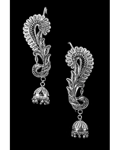 Silver Linings Peacock Silver Filigree Handmade Cuff Earrings-1
