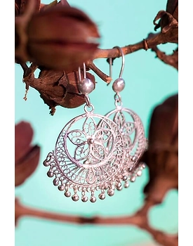 Silver Linings Classy Silver Filigree Handmade Chandbali Earrings
