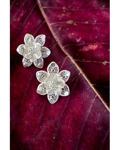 Silver Linings Lotus Studs Silver Filigree Earrings-12666631