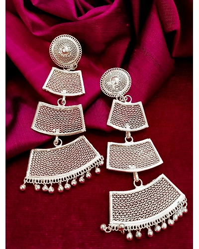 HAWAIIAN MODERN EXTRA LONG SILVER FILIGREE DANGLERS-2