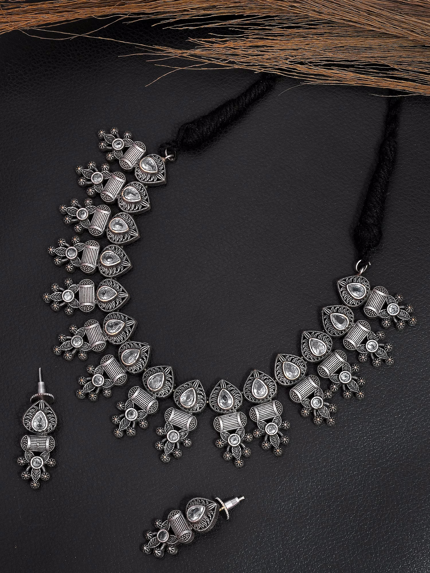 gonasika oxidised silver ad studded banjara necklace set for women