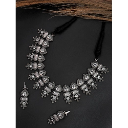 Gonasika Oxidised Silver AD Studded Banjara Necklace Set for Women