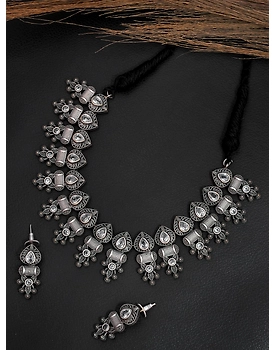 Oxidised Silver AD Studded Banjara Necklace Set for Women