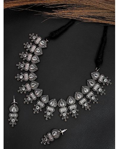 Oxidised Silver AD Studded Banjara Necklace Set for Women-12668623