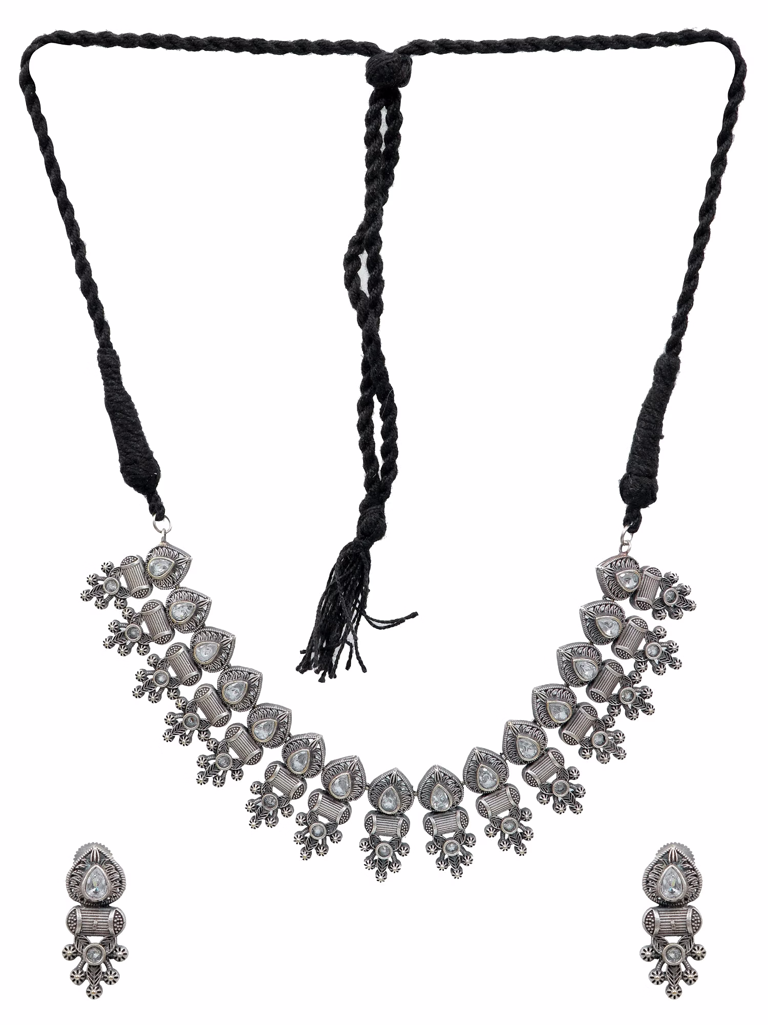 Oxidised Silver AD Studded Banjara Necklace Set for Women image 3