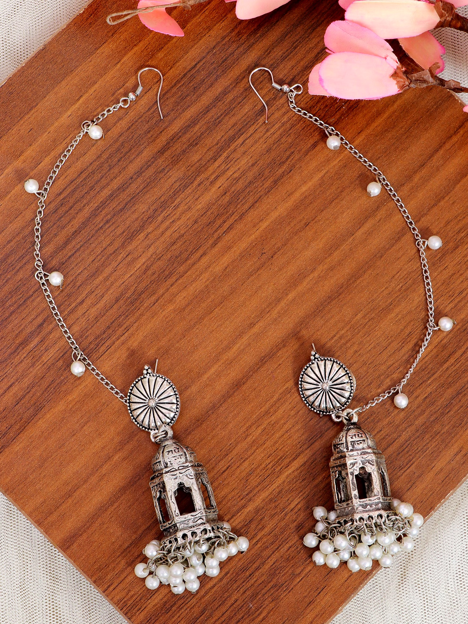 gonasika moksha jhumka- traditional oxidised silver temple chain jhumki earrings