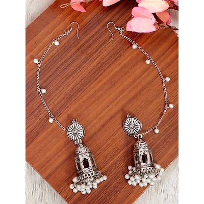 Gonasika Moksha Jhumka- Traditional Oxidised Silver Temple Chain Jhumki Earrings