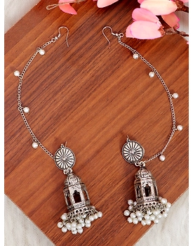 Moksha Jhumka- Traditional Oxidised Silver Temple Chain Jhumki Earrings