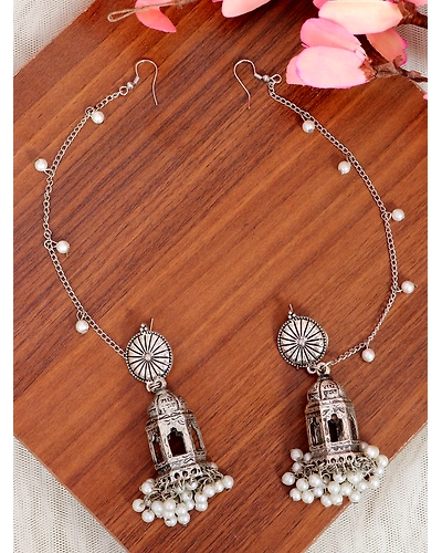 Moksha Jhumka- Traditional Oxidised Silver Temple Chain Jhumki Earrings-12668619