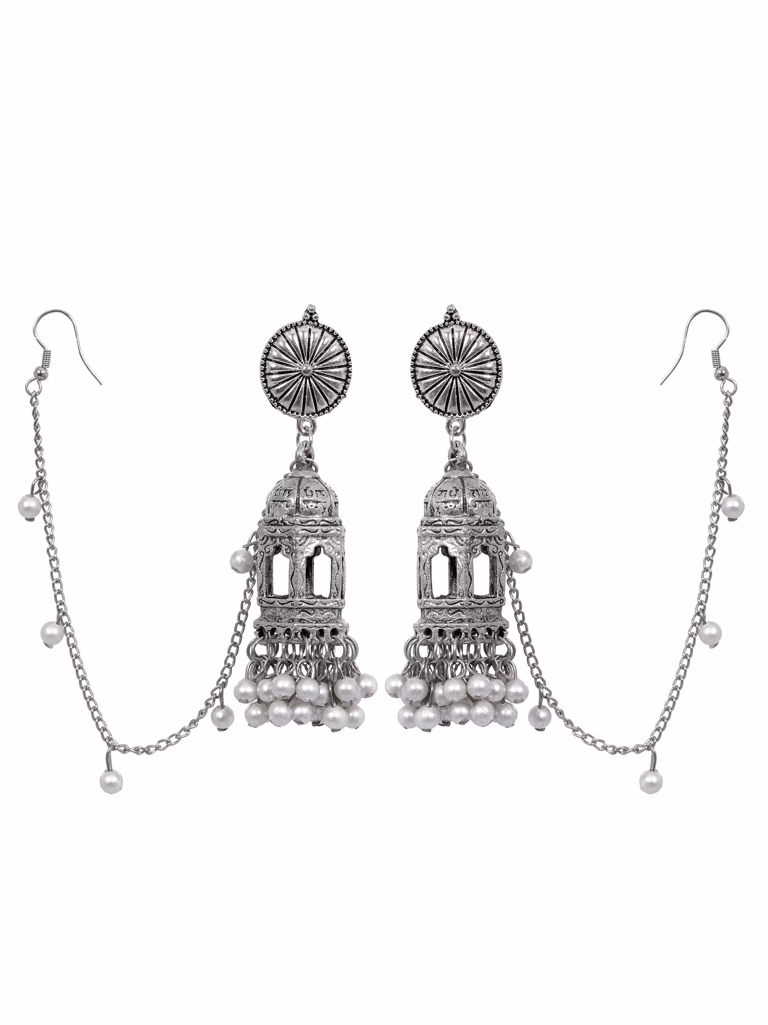 Moksha Jhumka- Traditional Oxidised Silver Temple Chain Jhumki Earrings image 2