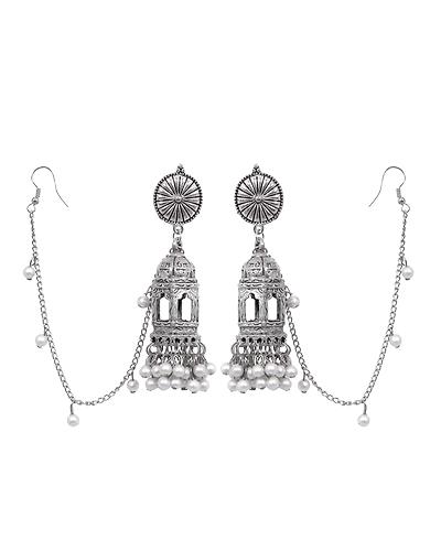 Moksha Jhumka- Traditional Oxidised Silver Temple Chain Jhumki Earrings-1