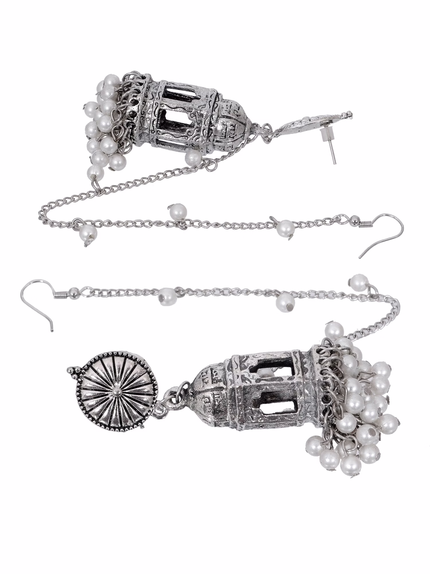 Moksha Jhumka- Traditional Oxidised Silver Temple Chain Jhumki Earrings image 3