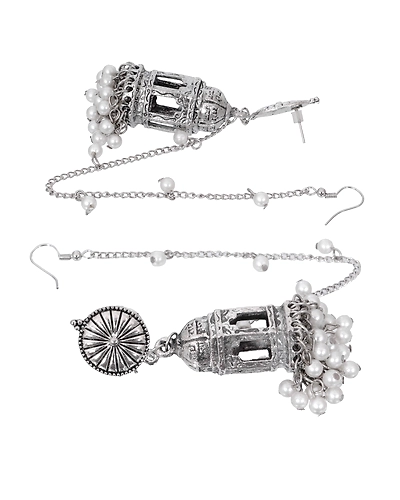 Moksha Jhumka- Traditional Oxidised Silver Temple Chain Jhumki Earrings-2