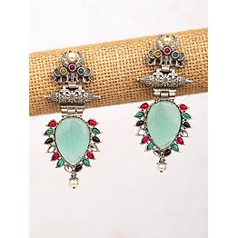 Gonasika Dazzling Mint Green Oxidised Silver Drop Earrings with Elephant Motifs for Stylish Seniors Women and Girls