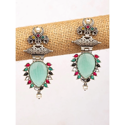 Gonasika Dazzling Mint Green Oxidised Silver Drop Earrings with Elephant Motifs for Stylish Seniors Women and Girls