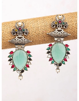 Dazzling Mint Green Oxidised Silver Drop Earrings with Elephant Motifs for Stylish Seniors Women and Girls