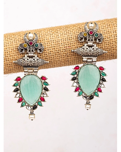 Dazzling Mint Green Oxidised Silver Drop Earrings with Elephant Motifs for Stylish Seniors Women and Girls-12668617