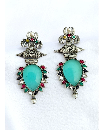 Dazzling Mint Green Oxidised Silver Drop Earrings with Elephant Motifs for Stylish Seniors Women and Girls-1