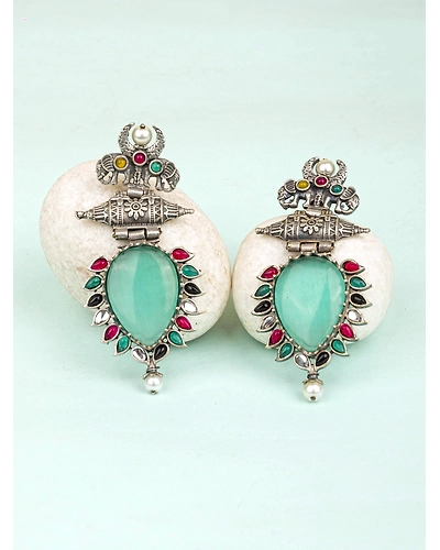 Dazzling Mint Green Oxidised Silver Drop Earrings with Elephant Motifs for Stylish Seniors Women and Girls-2