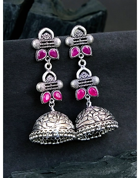Oxidised Silver Jhumka Earrings for Women with Pink Stones