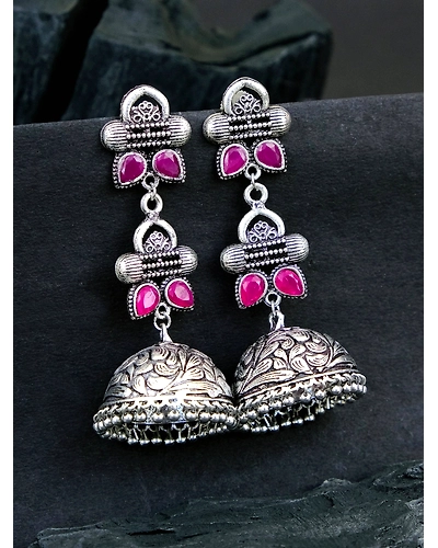 Oxidised Silver Jhumka Earrings for Women with Pink Stones-12668615